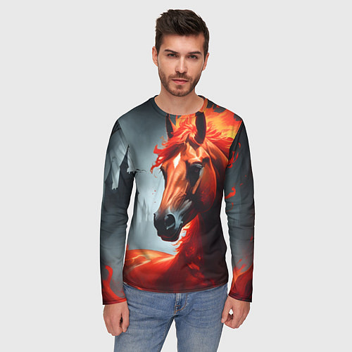 Мужской лонгслив Огненная лошадь на сером / 3D-принт – фото 3