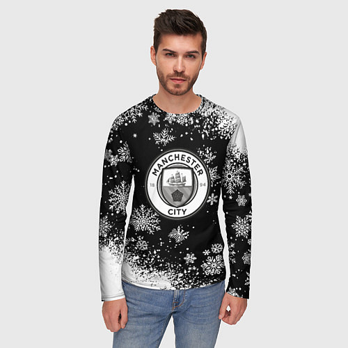 Мужской лонгслив Манчестер сити снежинки новый год / 3D-принт – фото 3