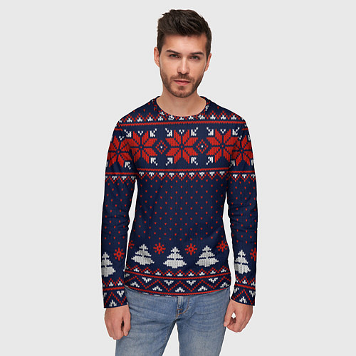 Мужской лонгслив Новогодний вязаный узор / 3D-принт – фото 3