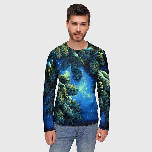 Мужской лонгслив Новогодние ветки елки / 3D-принт – фото 3