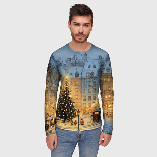 Мужской лонгслив Новый год в старом уютном городе / 3D-принт – фото 3