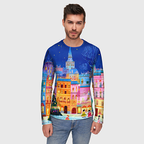 Мужской лонгслив Разноцветные новогодние домики / 3D-принт – фото 3