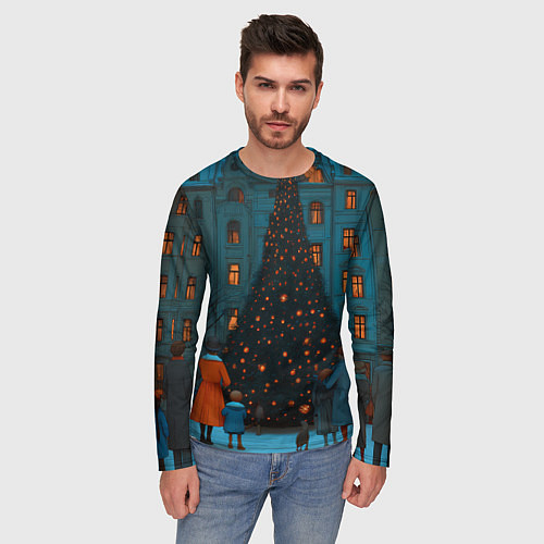 Мужской лонгслив Люди встречают новый год во дворе / 3D-принт – фото 3