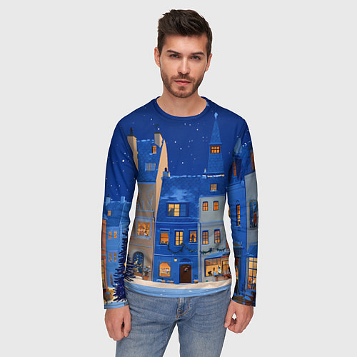 Мужской лонгслив Синяя новогодняя елочка во дворе / 3D-принт – фото 3