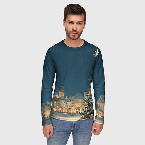 Мужской лонгслив Новогодняя атмосфера в городе / 3D-принт – фото 3
