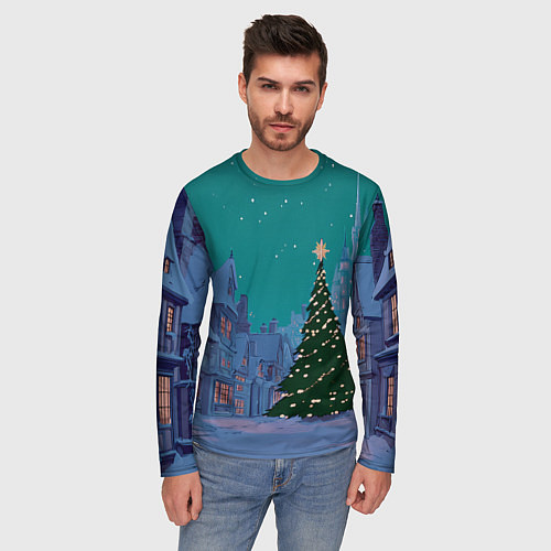 Мужской лонгслив Зеленая новогодняя елка во вдоре / 3D-принт – фото 3