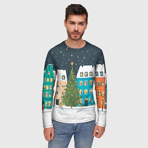 Мужской лонгслив Новогодний снежный город / 3D-принт – фото 3