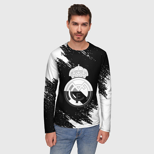 Мужской лонгслив Реал Мадрид черно белые краски / 3D-принт – фото 3
