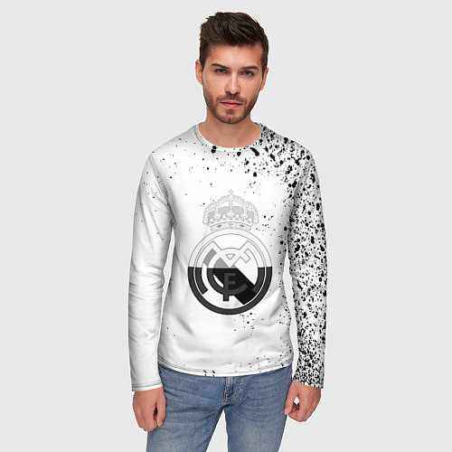 Мужской лонгслив Реал Мадрид черно белые краски / 3D-принт – фото 3