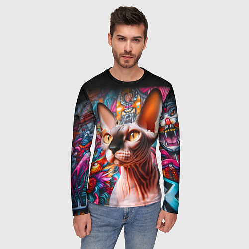 Мужской лонгслив Sphynx on a graffiti background / 3D-принт – фото 3