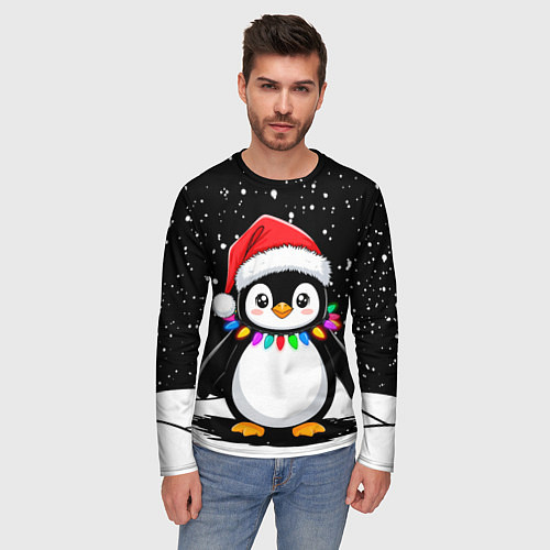 Мужской лонгслив Пингвин в шапке Санты / 3D-принт – фото 3