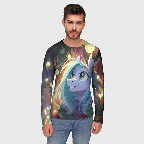 Мужской лонгслив Лошадка любуется новогодними лампочками / 3D-принт – фото 3