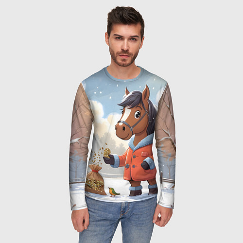 Мужской лонгслив Лошадка на зимней прогулке / 3D-принт – фото 3