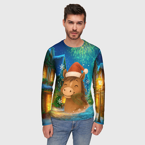 Мужской лонгслив Новогодняя лошадка жует елочные ветки / 3D-принт – фото 3