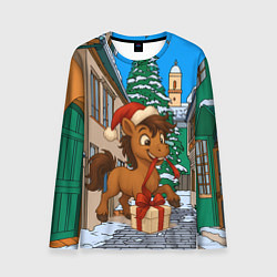 Лонгслив мужской Лошадка распаковывает новогодний подарок, цвет: 3D-принт