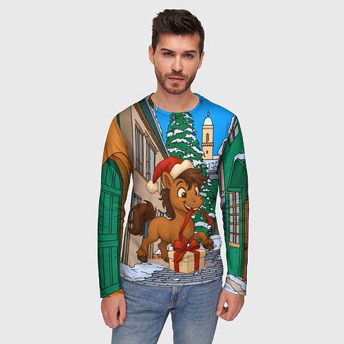Мужской лонгслив Лошадка распаковывает новогодний подарок / 3D-принт – фото 3