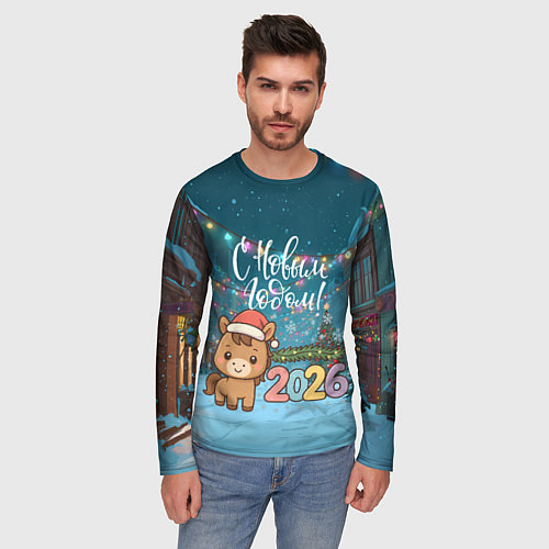 Мужской лонгслив Новогодняя лошадка 2026 год / 3D-принт – фото 3
