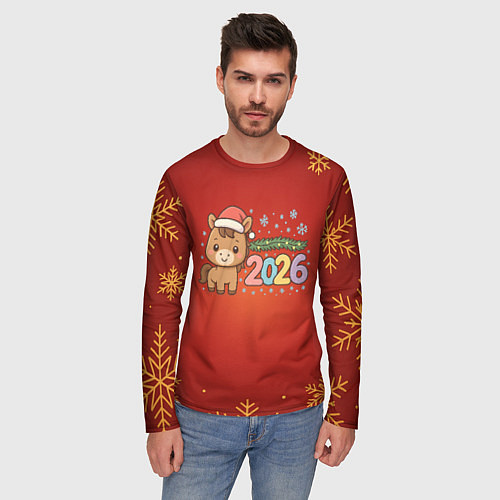 Мужской лонгслив Новогодняя лошадка 2026 на красном фоне / 3D-принт – фото 3