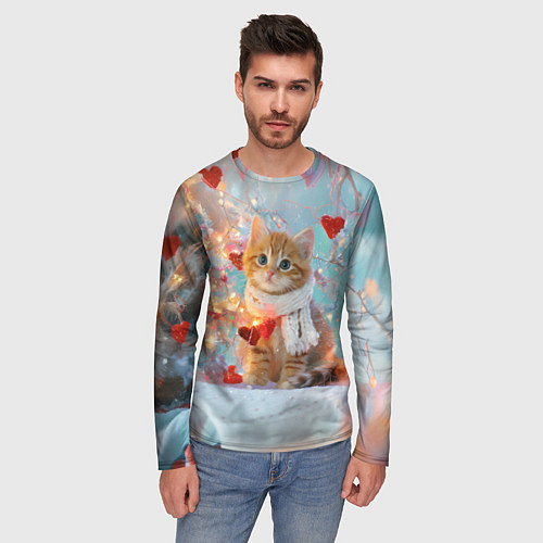 Мужской лонгслив Рыжий новогодний котенок с сердечком / 3D-принт – фото 3