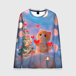 Лонгслив мужской Рыжий котенок в сердечках у елочки, цвет: 3D-принт
