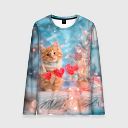Лонгслив мужской Котенок и гирлянда из сердечек, цвет: 3D-принт