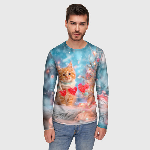 Мужской лонгслив Котенок и гирлянда из сердечек / 3D-принт – фото 3