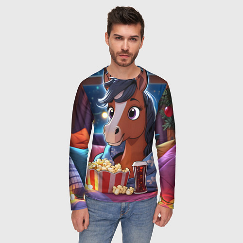 Мужской лонгслив Новогодняя лошадка с попкорном / 3D-принт – фото 3