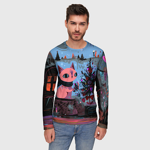 Мужской лонгслив Кошка празднует Новый год / 3D-принт – фото 3