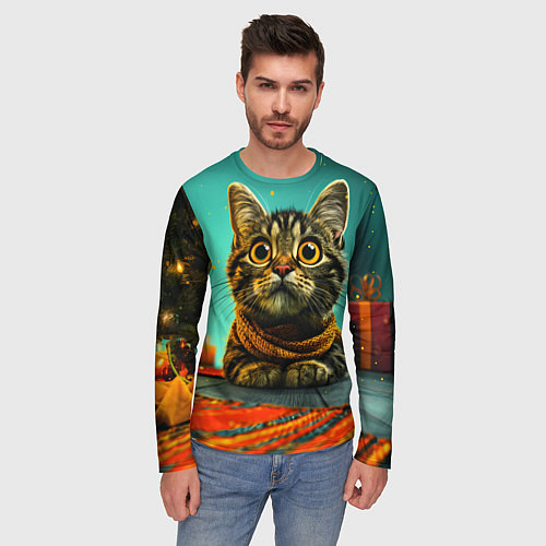 Мужской лонгслив Котик под елкой / 3D-принт – фото 3