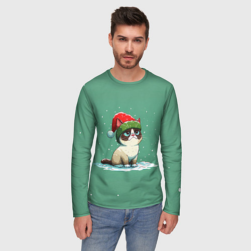 Мужской лонгслив Новогодний мем котик / 3D-принт – фото 3
