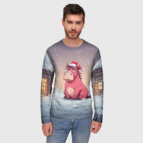 Мужской лонгслив Розовая новогодняя лошадка / 3D-принт – фото 3