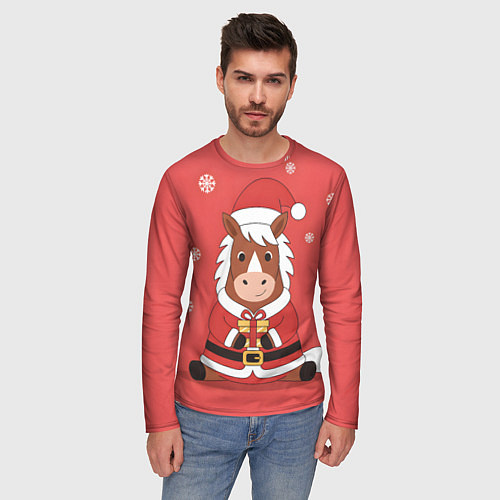 Мужской лонгслив Новогодняя лошадка с подарком / 3D-принт – фото 3