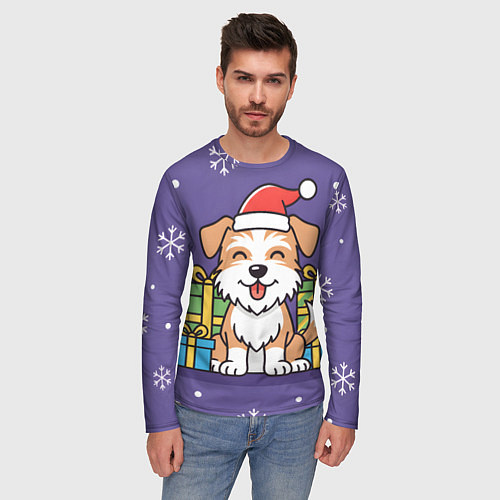 Мужской лонгслив Новогодняя собачка с подарками / 3D-принт – фото 3