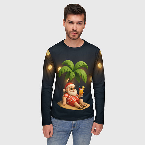 Мужской лонгслив Санта чиллит под пальмой / 3D-принт – фото 3