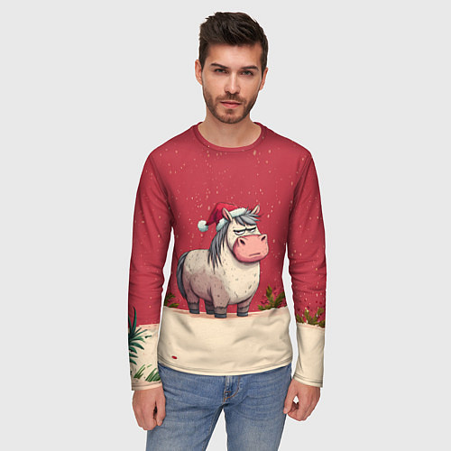Мужской лонгслив Новогодняя лошадка с прищуренным взглядом / 3D-принт – фото 3