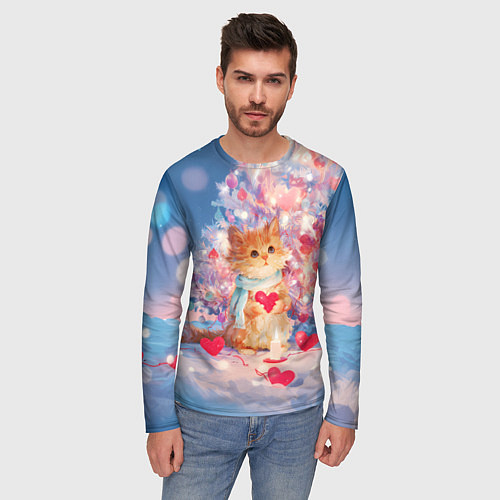 Мужской лонгслив Милый котенок и новогодняя елка / 3D-принт – фото 3