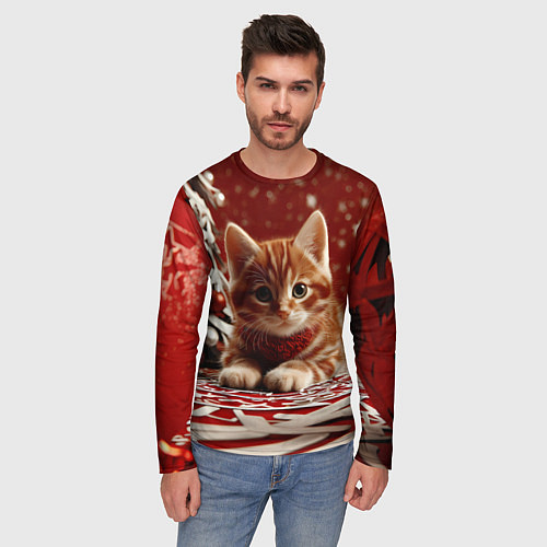 Мужской лонгслив Рыжий Новогодний котенок / 3D-принт – фото 3