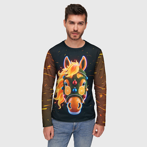 Мужской лонгслив Новогодняя мандариновая лошадь / 3D-принт – фото 3