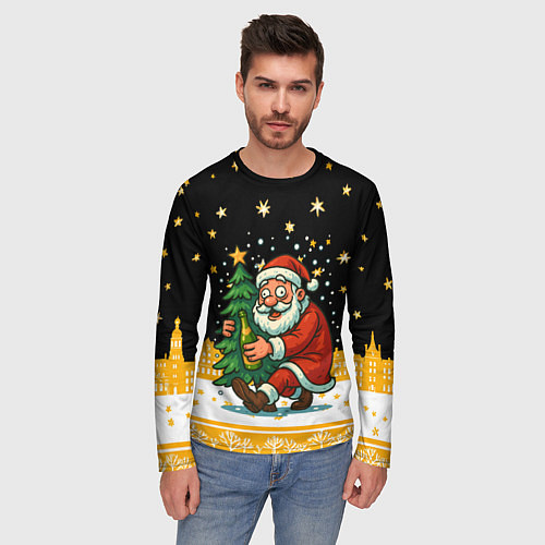 Мужской лонгслив Пьяный Санта с елкой и шампанским / 3D-принт – фото 3