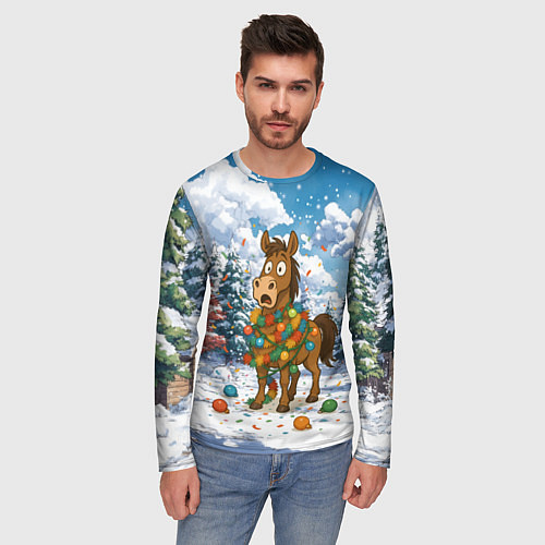 Мужской лонгслив Новогодняя лошадь в гирлянде / 3D-принт – фото 3