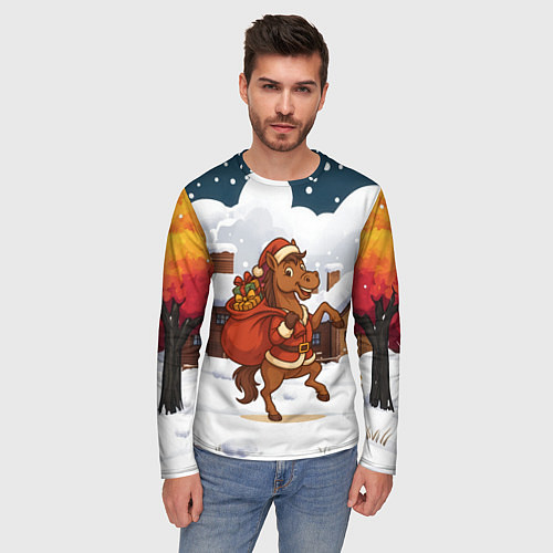 Мужской лонгслив Новогодняя лошадка с мешком подарков / 3D-принт – фото 3