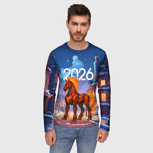 Мужской лонгслив Красная огненная металлическая лошадь 2026 / 3D-принт – фото 3