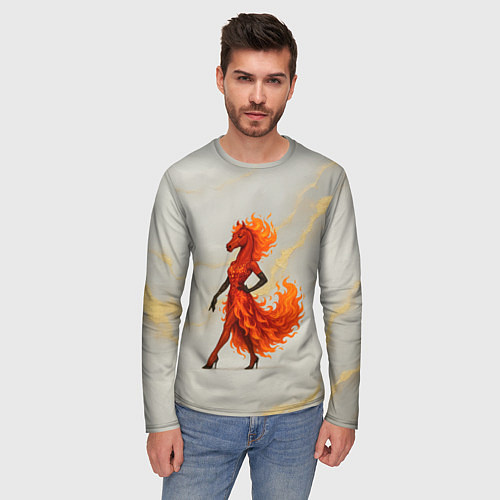 Мужской лонгслив Красная огненная лошадка походка по подиуму / 3D-принт – фото 3