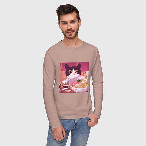 Мужской лонгслив Кот и лапша / Пыльно-розовый – фото 3