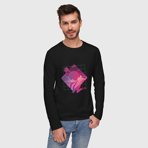 Мужской лонгслив Пейзаж в стиле Retrowave / Черный – фото 3