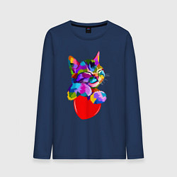 Лонгслив хлопковый мужской РАДУЖНЫЙ КОТИК RAINBOW KITTY, цвет: тёмно-синий