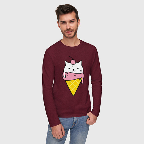 Мужской лонгслив Ice Cream Cat / Меланж-бордовый – фото 3