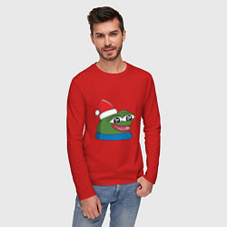 Лонгслив хлопковый мужской Pepe, pepe happy, Пепе хеппи, pepe happy new year, цвет: красный — фото 2