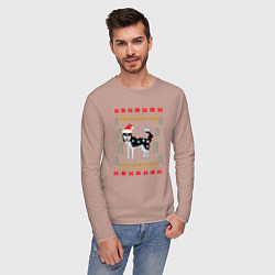 Лонгслив хлопковый мужской Рождественский свитер Хаски, цвет: пыльно-розовый — фото 2