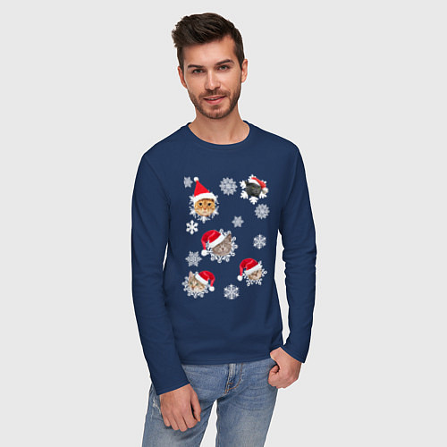 Мужской лонгслив Новогодние Коты в Шапках / Тёмно-синий – фото 3